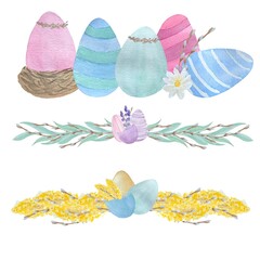 A set of decorative compositions, elements for decorating Easter cards, watercolor drawings