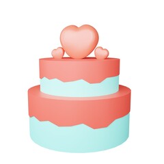 Cute pink cake with love for wedding and valentine with white background 3d rendering