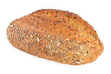 Bread with flax, sesame and sunflower seeds isolated on a white background. Wholegrain bread.