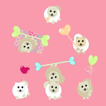 set of puppies with balloons for greeting valentines