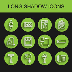Set line Electric heater, mixer, Smart watch showing heart beat rate, fan, Telephone, Oven, Air conditioner and Kitchen meat grinder icon. Vector
