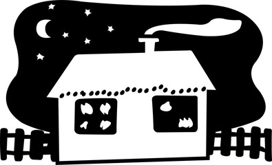 The country house from which smoke is rising is surrounded by a fence and plunged in the dark
