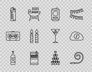 Set line Beer bottle, Birthday party horn, can, Open cigarettes pack box, Lighter, cake candles, Wine glasses stacked in pyramid tower and Music streaming service icon. Vector
