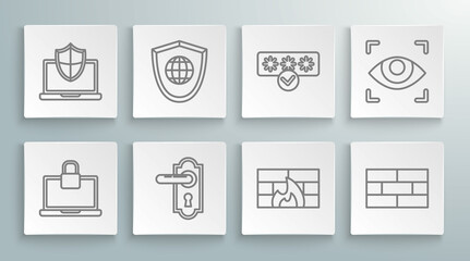 Set line Laptop and lock, Shield with world globe, Door handle, Firewall, security wall, Bricks, Password protection safety access, Eye scan and protected shield icon. Vector