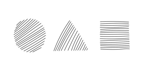 Set of hand drawn hatched geometric shapes. Shaded circle, triangle and square.