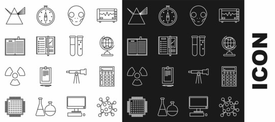 Set line Bacteria, Calculator, Earth globe, Extraterrestrial alien face, Notebook, Open science, Light rays in prism and Test tube and flask chemical laboratory icon. Vector