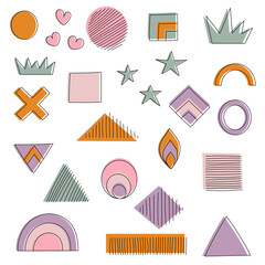 WebSet of hand drawn geometric shapes. Memphis design, retro line art elements.
