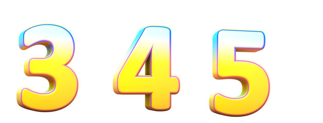 Alphabet in gradient colors. Letters 3, 4, 5. 3d render