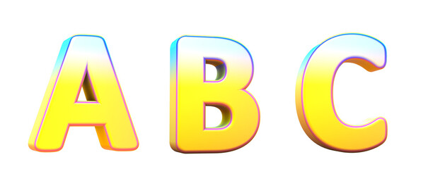 Alphabet in gradient colors. Letters A, B, C. 3d render