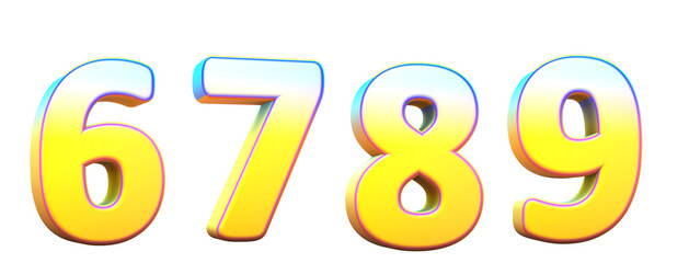 Alphabet in gradient colors. Letters 6, 7, 8, 9. 3d render
