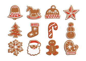 Set of isolated gingerbread cookies with red-white glaze in the shape of a star, a fir, a Santa, a snowman, a lollipop, a bell, a horse, a hat, a sock, a snowflake, a mittens