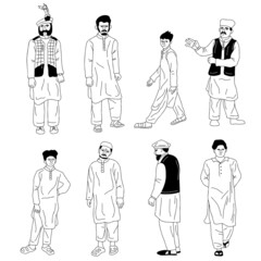 Men from Southern Asia in different poses sketch outline silhouettes set. Inclusiveness and diversity design elements vector illustration