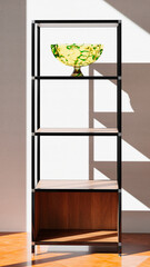 A bookcase with a decorative vase on the background of the wall. 3D Rendering.