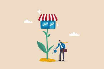 Grow your shop and earn more profit, expand store front or grow small business, marketing to promote shop increase revenue concept, businessman pouring water to grow plant with big store shop flower.