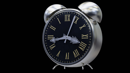 Alarm clock in a metallic case on a black background. isolated. 3D Rendering.