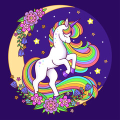 A cute magical unicorn with a rainbow mane. For children's design of prints, posters, cards, stickers and so on. Vector illustration © Zerlina