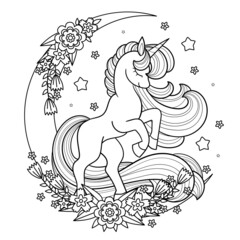 A beautiful unicorn with a long mane and a tail with flowers on the moon. Black and white linear, contour drawing. Fantasy animal, For children's design of coloring books, potions, posters, cards, sti © Zerlina