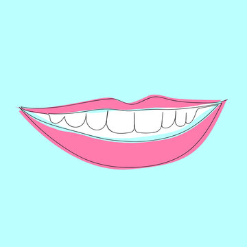 trend picture colored smiling lips on a blue background. Concept for logo, flyer, banner. An image drawn with a continuous line.