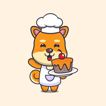 cute shiba inu dog chef mascot cartoon character with cake