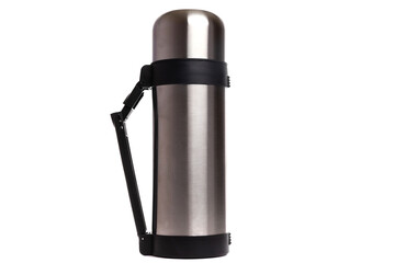 a large polished steel thermos with a plastic handle on a white isolated background