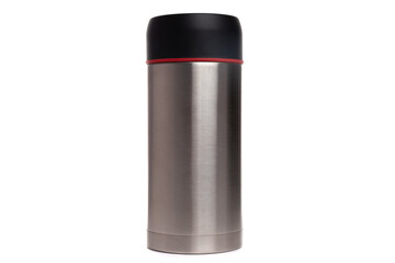 matte stainless steel thermos with black plastic lid on isolated background