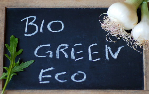 Bio green eco blackboard detail with rucola and onions