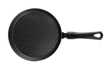 kitchen homemade frying pan with non-stick coating and black handle on a white background, top view