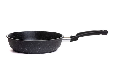 large black pan with non-stick coating and plastic black handle oops on isolated background, side view, home cooking concept
