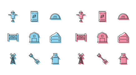 Set line Windmill, Garden rake, Scarecrow, Can container for milk, Farm House concept, Wooden box with harvest, fence wooden and A pack full of seeds of specific plant icon. Vector