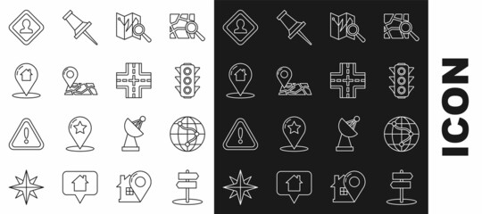 Set line Road traffic sign, Location on the globe, Traffic light, Folded map with location marker, Map pointer house, and icon. Vector