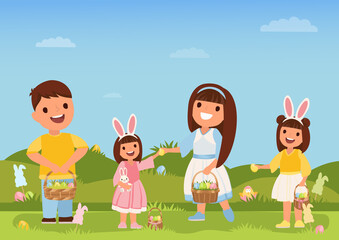 Obraz na płótnie Canvas Happy easter. Children with baskets full of eggs. A boy and a girl. Vector illustration.