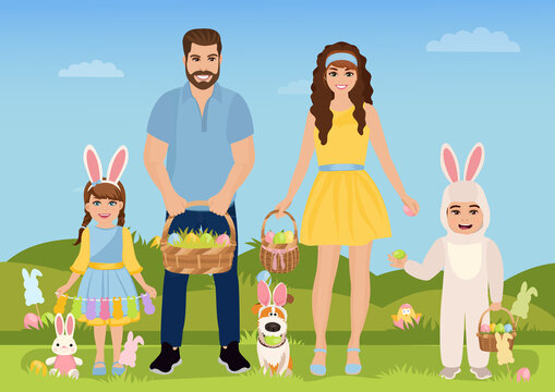 Happy easter. Cheerful family with baskets full of eggs. Dad, mom, son and daughter. Vector illustration.