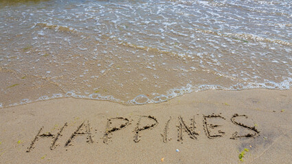 The words Happiness is written in the sand on the beach with a wave washing