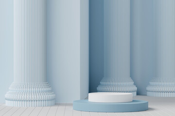 3d rendering empty cylinder podium on light blue background. 