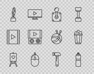 Set line Wood easel or painting art boards, Fitness shaker, Joystick for arcade machine, Computer mouse, Feather and inkwell, Portable video game console, Hammer and Popcorn cardboard box icon. Vector