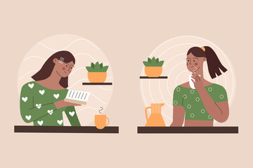 Morning routine. A woman is reading a book. Woman drinking morning coffee. Vector illustration.