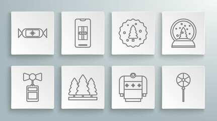 Set line Price tag with an inscription Sale, Smartphone gift box, Christmas trees, sweater, Lollipop, Cookie or biscuit chocolate, snow globe and Candy icon. Vector