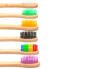 Set made of bamboo toothbrushes isolated on white background. Plastic free.