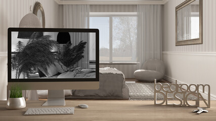 Architect designer project concept, wooden table with keys, letters bedroom design and desktop showing blueprint CAD sketch, blurred draft in the background, classic interior design