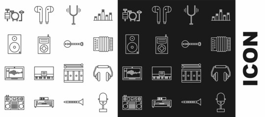 Set line Microphone, Headphones, Musical instrument accordion, tuning fork, MP3 player, Stereo speaker, Drums and Banjo icon. Vector