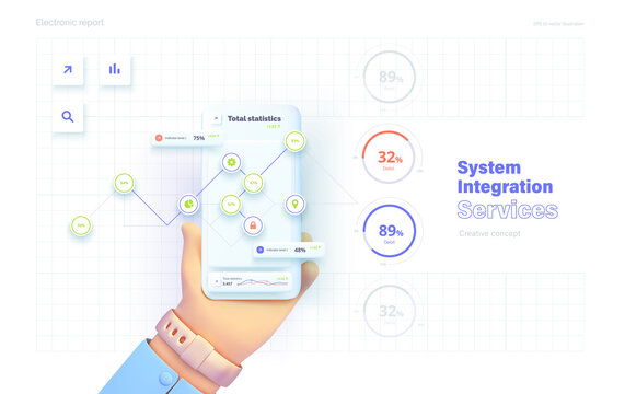 Integration system. The hand holds the phone. Mobile application for data analysis and accounting. File management. Electronic report. Vector illustration in 3d style