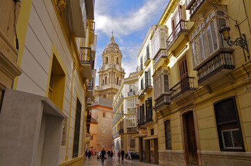 Historic ancient old town Malaga, Spain with picturesque and beautiful alleys, backstreets,...