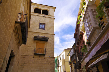 Historic ancient old town Malaga, Spain with picturesque and beautiful alleys, backstreets,...