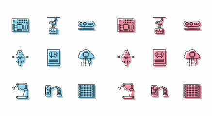 Set line Industrial machine robotic robot arm hand factory, Printed circuit board PCB, User manual, Internet of things, Robot and Wireless Controlling CCTV security camera icon. Vector