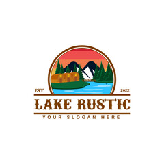Countryside Lake Farmhouse Logo Template with Mountain view and pine forest. uotdor Rustic