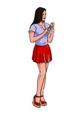 Young attractive Latina Woman texting and looking on Mobile Device while walking Illustration - 481379760