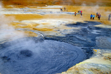 Supernatural landscape at geothermal field Mars like site Hverir Namafjall wasteland with pools of...