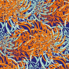 Behang Abstracte dahlia bloemen vector naadloze patroon achtergrond. Moderne textuurachtergrond in tropisch neonoranje, indigoblauw. Gemengde piekerige buis bloemblaadje dahlia& 39 s botanische textuur ontwerp herhalen voor de zomer © Gaianami  Design
