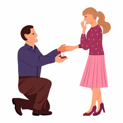 Guy is on his knee and offers the girl to marry him. A man hands a wedding ring to a woman. Smiling girl holds out her hand to him. Vector illustration in flat style, isolated on white background.
