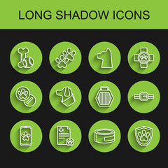 Set line Online veterinary clinic symbol, Pet toys bone rubber and ball, Canned food, Animal health insurance, Dog, Collar name tag and carry case icon. Vector